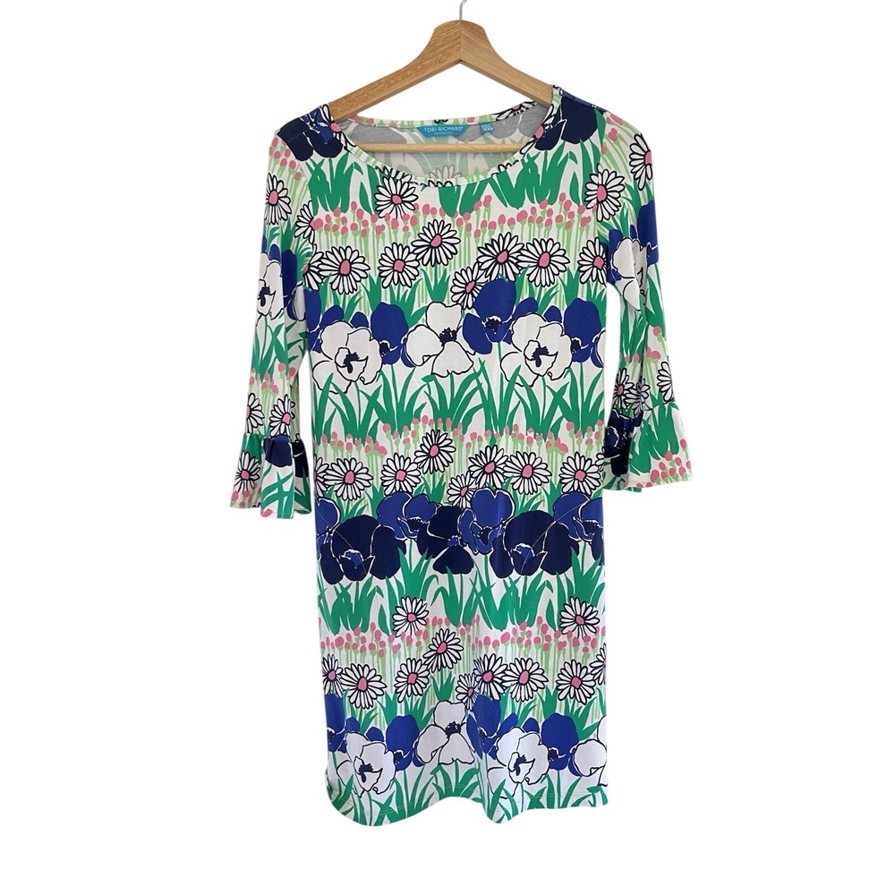 Tori Richard Honu Lana Floral Bell Sleeve‎ Shift Dress XXS Resort Lagenlook